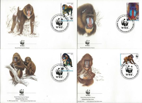 EQUATORIAL GUINEA - 1991 WWF 'MANDRILL' Set of 4 First Day Covers [9416]