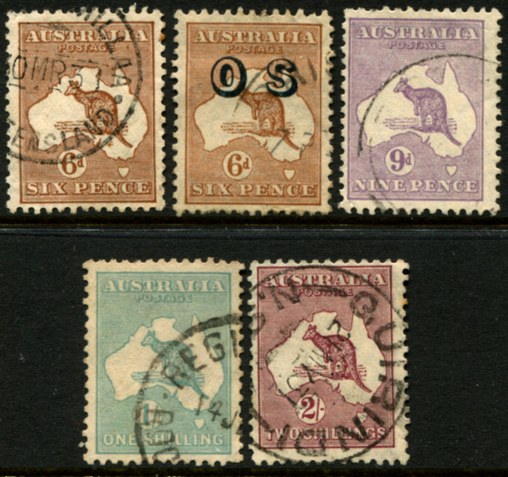 2/- used....cv $110 1/- AUSTRALIA Kangaroos... 9d 1929  6d 