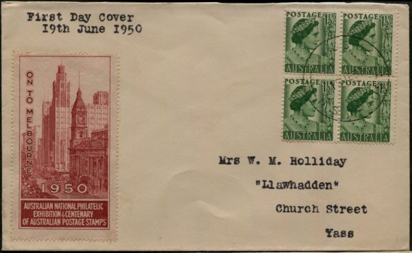 AUSTRALIA - 1950 1.5d QE2 + 'ANPEX' LABEL Royal First Day Cover [C0317]