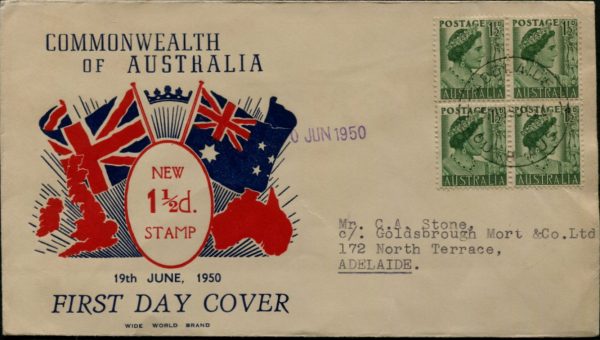 AUSTRALIA - 1950 1½d 'GREEN' Block x4 - 'WIDE WORLD'  FDC   [C0319]