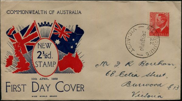 AUSTRALIA - 1950 2.½d 'SCARLET' on  'WIDE WORLD'  FDC    [C0321]