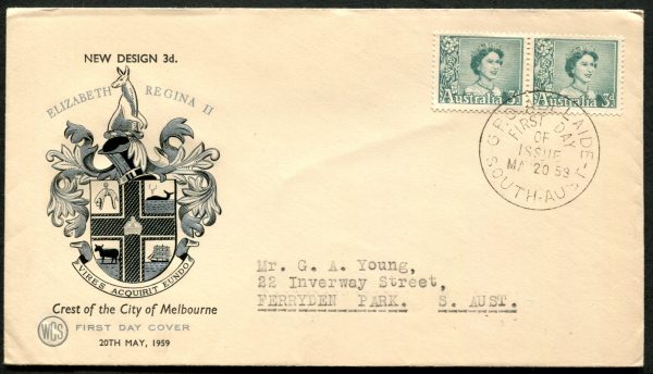 AUSTRALIA - 1959 QE2 3d on 'CREST OF THE CITY OF MELBOURNE' WCS FDC  [C1792]