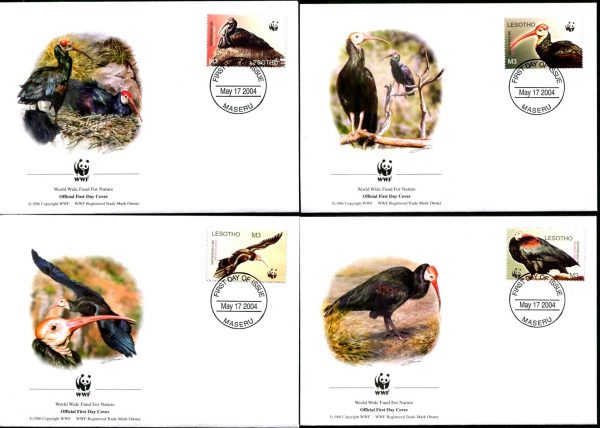 LESOTHO - 2004 WWF 'SOUTHERN BALD IBIS' First Day Covers x 4 [B1317]