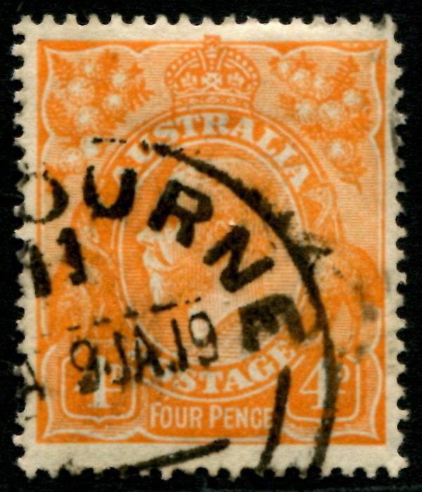 AUSTRALIA - 1915 KGV Single Wmk 4d 'ORANGE' VARIETY SG22var FU CV $100 [B2305]