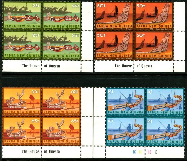 PAPUA NEW GUINEA - 1997 'CANOE PROWS' Set of 4 Corner Blocks of 4 MNH [B1762]