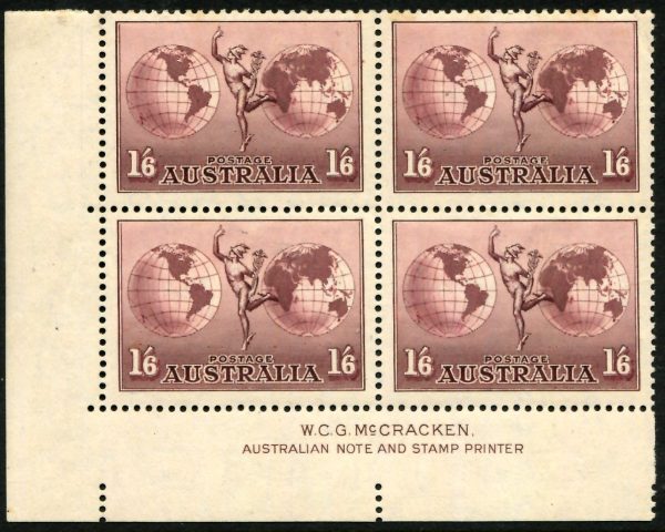 AUSTRALIA - 1934 1/6d 'HERMES' Imprint Block of 4 MNH SG153a Cv $225 [B2511]