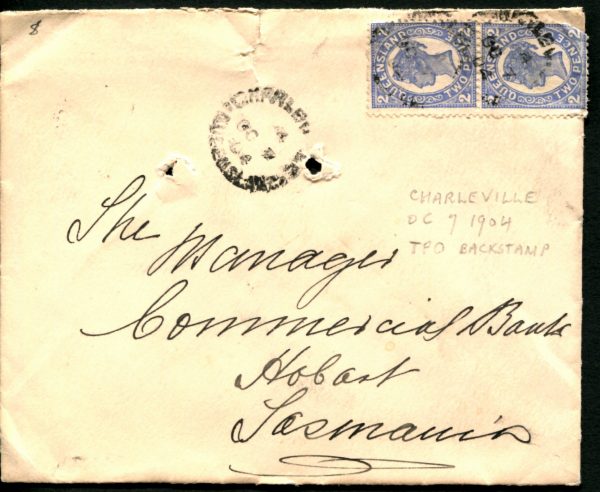 QUEENSLAND 1904 - 2d BLUE x2  TATTERSALLs Cover, Commercial Bank, Hobart [L0002]