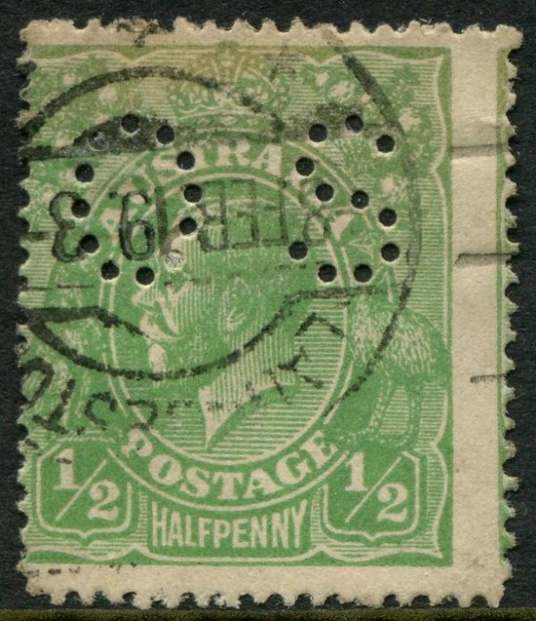 AUSTRALIA - 1914 KGV Single Wmk ½d 'GREEN' Misplaced Perfs SG Ø66 GU [B3117]