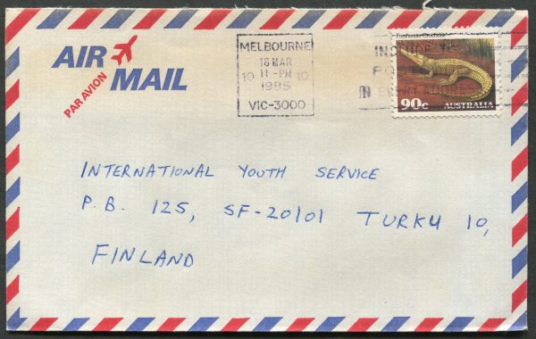 AUSTRALIA - 1985 90c 'Crocodile' on international cover to Finland  [C2820]