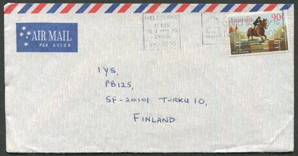 AUSTRALIA - 1986 90c 'Show Jumping' on international cover to Finland [C2822]