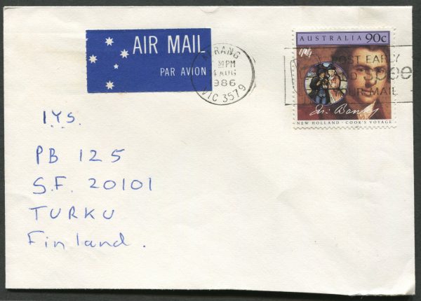 AUSTRALIA - 1986 90c 'JOSEPH BANKS' on international cover to Finland [C2823]