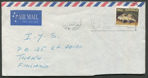AUSTRALIA - 1986 90c 'Crab Eyed Goby' on international cover to Finland [C2825]