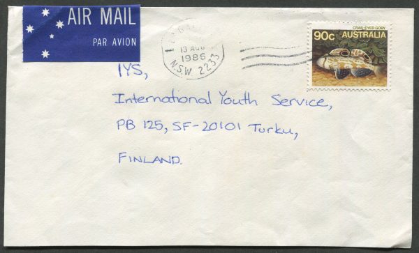 AUSTRALIA - 1986 90c 'Crab Eyed Goby' on international cover to Finland [C2828]