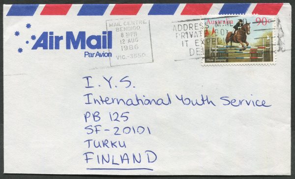 AUSTRALIA - 1986 90c 'Show Jumping' on international cover to Finland [C2829]