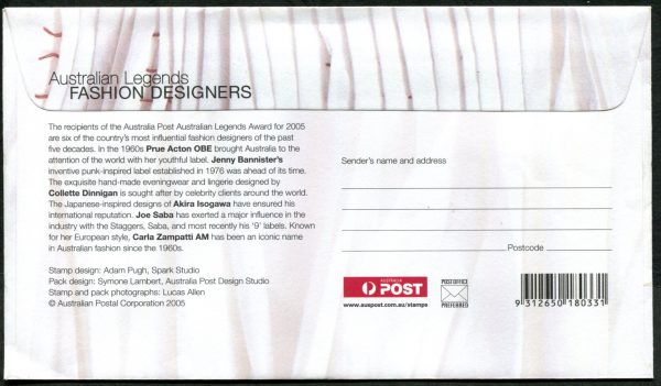 AUSTRALIA - 2005 'AUSTRALIAN LEGENDS - FASHION DESIGNERS' First Day Cover [C1380]
