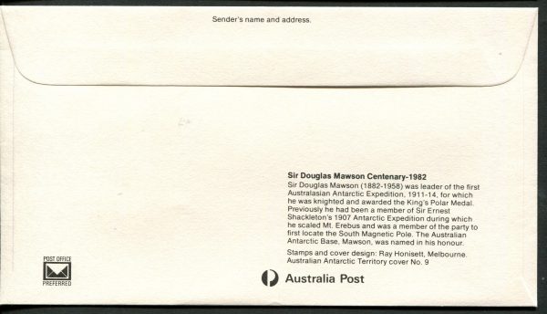 AAT - 1982 'SIR DOUGLAS MASWON CENTENARY' First DAY Cover [B3320]