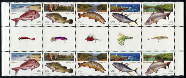 AUSTRALIA - 2003 'FISHING IN AUSTRALIA' Gutter strip MNH [E6243]