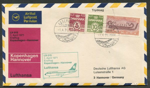 DENMARK 1971 '1st FLIGHT COPENHAGEN to HANNOVER' Lufthansa Flight Cover [C3890]