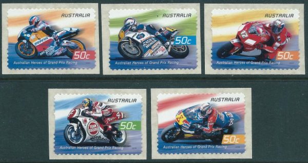 AUSTRALIA - 2004 'GRAND PRIX MOTORCYCLES' Set of 5 Self Adhesives Mint [B8630]