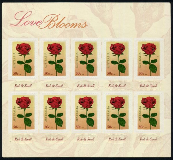 AUSTRALIA - 2007 'LOVE BLOOMS' Self Adhesive Rub & Smell Sheetlet Mint [B6340]