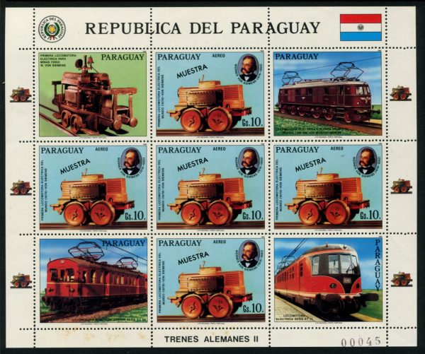 PARAGUAY - 1986 'GERMAN TRAINS' Specimen Sheetlet of 9 MNH [B7529]