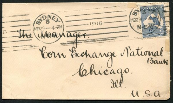 AUSTRALIA - 1913 ROO 1st WMK 2½d 'INDIGO' on cover Used SG4 Cv $150 [B8867]