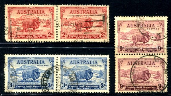 AUSTRALIA - 1934 Macarthur Set to 9d 'PURPLE' GU Pairs SG 150-2 CV £110 [D1271]
