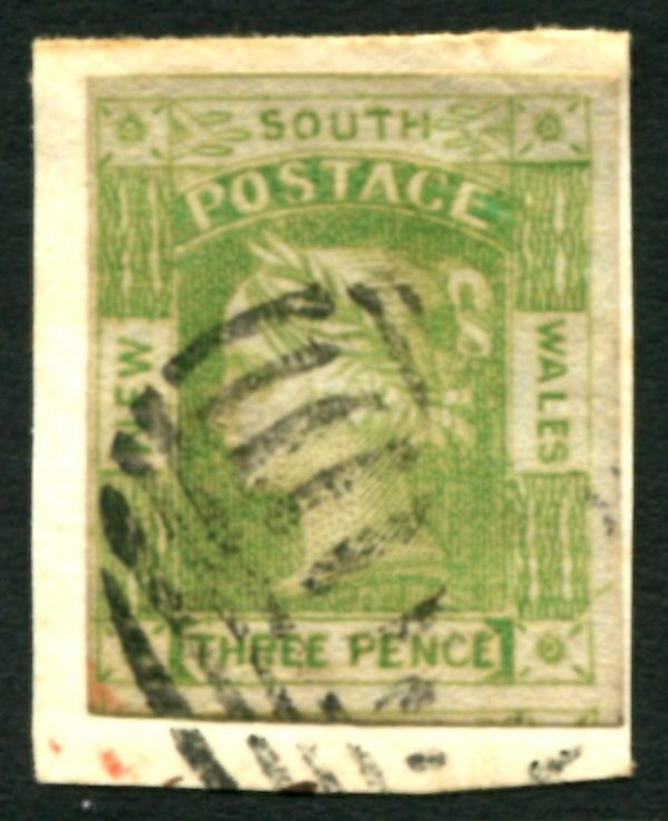 New South Wales - 1852 3d Dull YELLOW GREEN Imperf. VFU SG 67 Cv £120 [D2704]