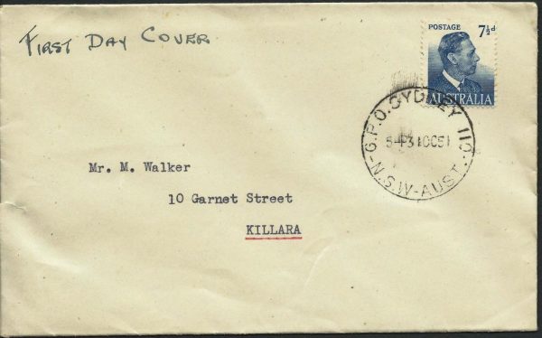 AUSTRALIA - 1951 KGVI 7½d 'BLUE' DEFINITIVE First Day Cover [A0276]