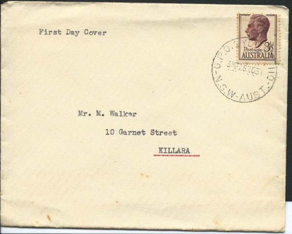 AUSTRALIA - 1951 3½ 'KGVI' Definitive First Day Cover [A0305]