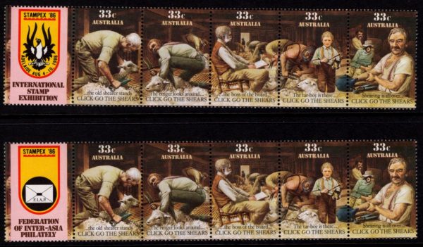 AUSTRALIA - 1986 'CLICK GO THE SHEARS' Stampex '86 Strips x 2 MNH [D4515]