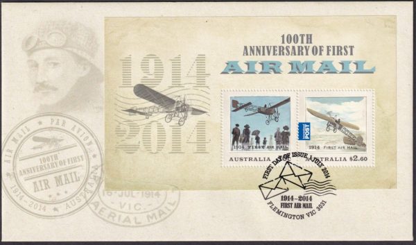 AUSTRALIA - 2014 '100th ANNIVERSARY of 1st AIR MAIL' Miniature Sheet First Day Cover [D7073]