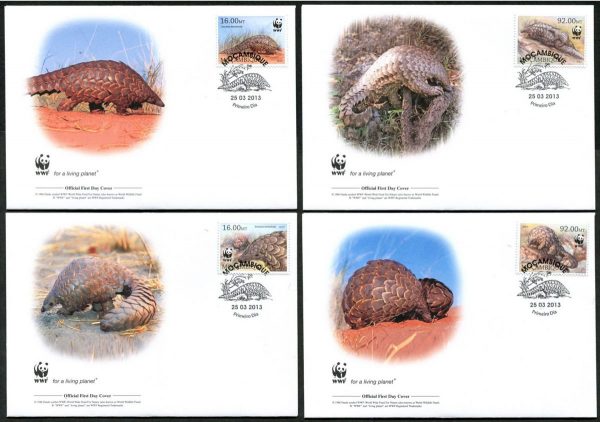 MOZAMBIQUE - 2013 WWF 'TEMMICK'S GROUND PANGOLIN' Set of 4 First Day Covers [E7784]