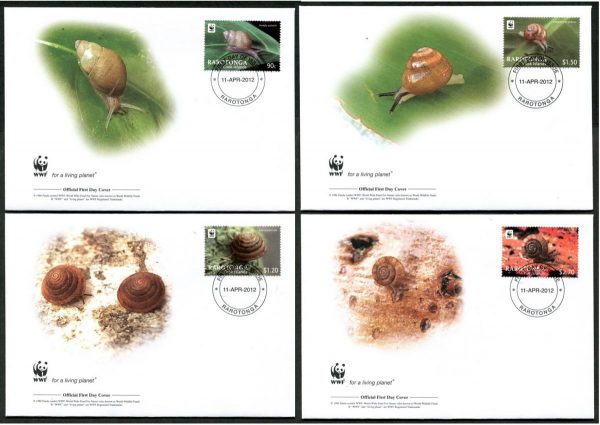 COOK ISLANDS - 2012 WWF 'RAROTONGA LAND SNAILS' Set of 4 First Day Covers [E6052]