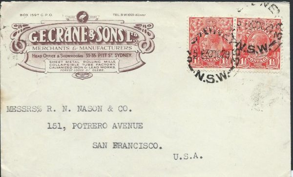 AUSTRALIA - 1929 KGV 1½d 'RED' x 2 G.E.CRANE & SONS LTD Cover to USA [A4483]