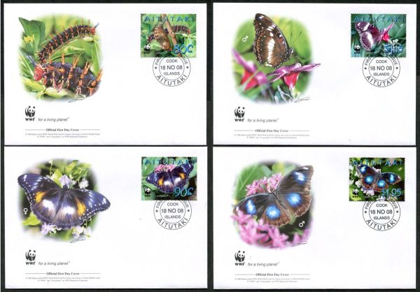 AITUTAKI - 2008 WWF 'BLUE MOON BUTTERFLY' Set of 4 First Day Covers [E6174]