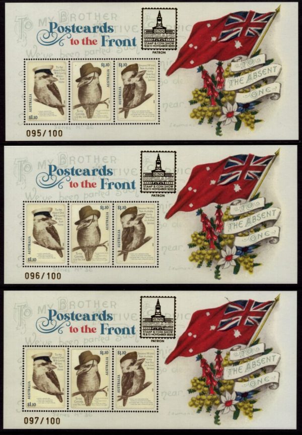 AUSTRALIA - 2022 'POSTCARDS TO THE FRONT' Brisbane Stamp Show overprint MS x 3 MNH [D8418]