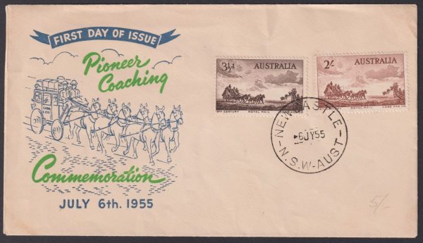 AUSTRALIA - 1955 Set to 2/- Cobb & Co. Southern Cross FDC SG 284/85 VFU [D9564]