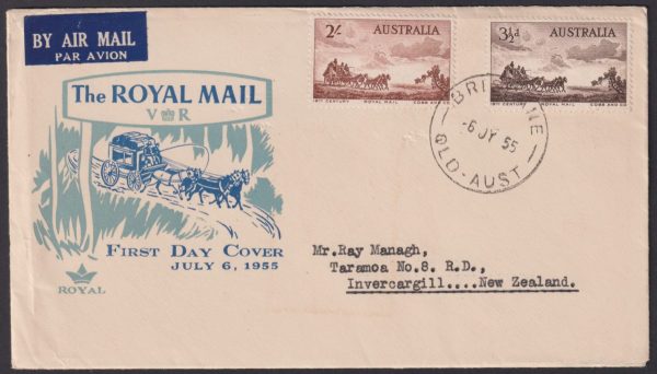 AUSTRALIA - 1955 Set to 2/- Cobb & Co. Royal FDC SG 284/85 VFU [D9566]