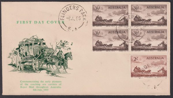 AUSTRALIA - 1955 Set to 2/- Cobb & Co. Wesley FDC SG 284/85 VFU [D9568]