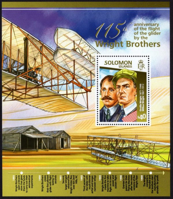 SOLOMON ISLANDS - 2015 '115TH ANNIVERSARY OF THE FLIGHT OF THE GLIDER BY THE WRIGHT BROTHERS' Miniature Sheet $40 MNH [E0906]