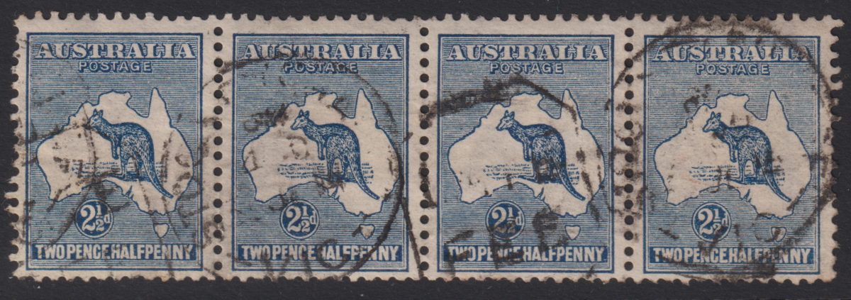 AUSTRALIA – 1913 ROO 1st Wmk 2½d ‘INDIGO’ Strip x4 SG4 FU Cv $160 ...