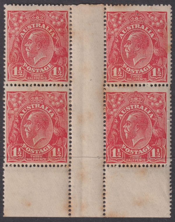 AUSTRALIA KGV - 1924 SM Wmk 1½d RED 'NO Imprint'  SG 77 MH Cv $575 [E1047]