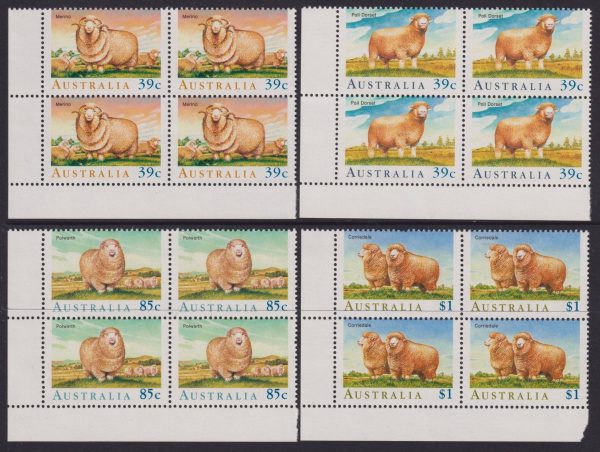 AUSTRALIA - 1989 'SHEEP IN AUSTRALIA' Corner Blocks x 4 SG 1195/98 MNH [E1594]