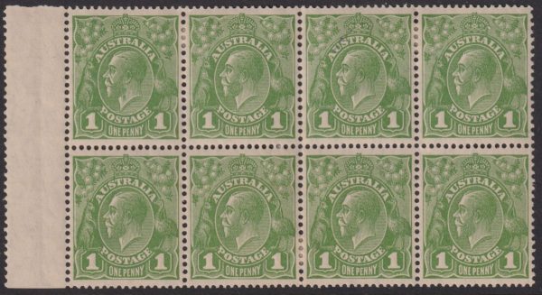 AUSTRALIA - 1928 KGV SM Wmk 1d 'GREEN' Die1/2 Block x8 SG 95 MLH Cv £220+ [E2957]