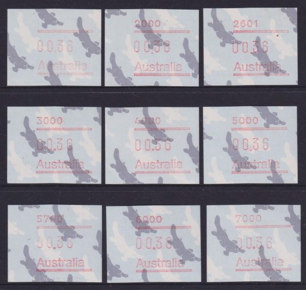 AUSTRALIA Platypus FRAMAS  - 1986 $0.36 PC Set x9  BW 1167A/J MNH Cv 10 [E3676]