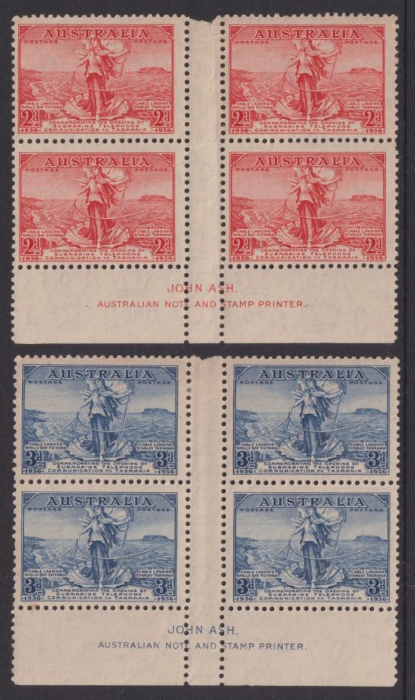 AUSTRALIA - 1936 Set t0 3d BLUE Imprint Block x4  SG 159/160 MLH Cv $100 [E3865]