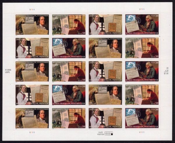 USA - 2006 '300TH BIRTH ANNIVERSARY OF BENJAMIN FRANKLIN' Self Adhesive Sheet MINT [E3959]
