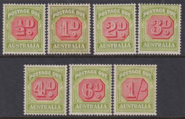 AUSTRALIA  1938 Set to 1/- RED & GREEN Post. Due SG D112/18 MLH Cv £225 [E4290]