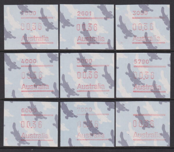 AUSTRALIA FRAMAS 1986 36c Platypus P'CODE Set x9  BW 1023A/Ha MNH Cv $10 [E4301]